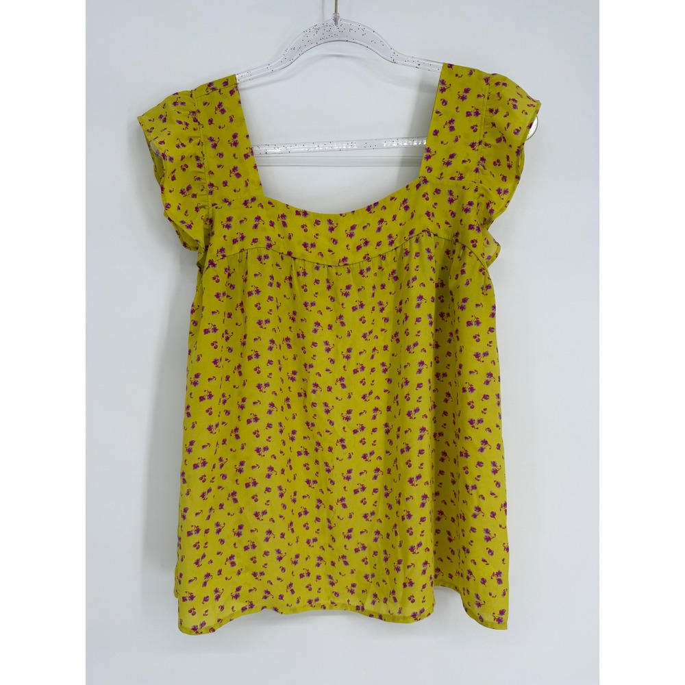 Pleione Yellow Purple Floral Cap Sleeve Ruffle Square Neck Blouse Sz L